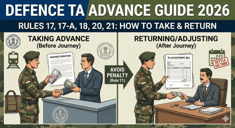 Defence TA Advance Rules 2026 guide showing a soldier taking advance before journey and settling TA adjustment bill on time to avoid Rule 21 penalty.