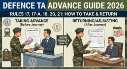 Defence TA Advance Rules 2026 guide showing a soldier taking advance before journey and settling TA adjustment bill on time to avoid Rule 21 penalty.